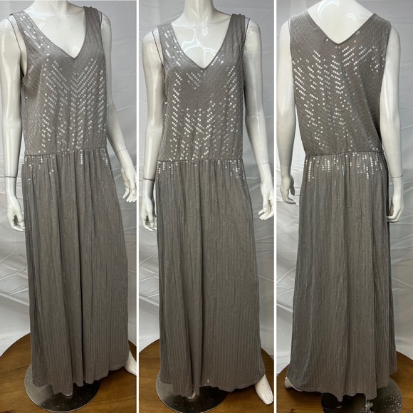 Garnet Hill Dresses & Skirts - Garnet Hill Taupe Clear Sequins Cotton/Modal Sleeveless V-Neck Maxi Long L Dress